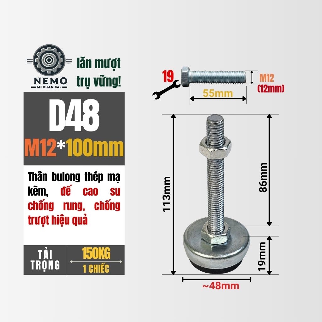 Chân Tăng Chỉnh Đế Cao Su M12 – Chống Rung Chuyên Dụng & Bảo Vệ Sàn